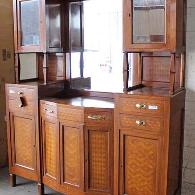  ANTIQUE 5 Part French Style Mahogany Inlaid and Banded Buffet with Mirrored Curio Top â€“ auction estimate $200-$400 