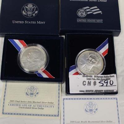  U.S. 2009 Louis Braille Bicentennial Silver Dollar and U.S. 2005 Chief Justice Marshall Silver Dollar – auction estimate $20-$50 each

  
