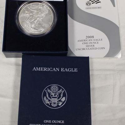2008 American Eagle One Ounce Silver Uncirculated Coin – auction estimate $20-$50 
