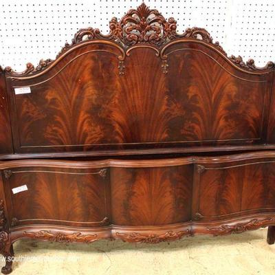  6 Piece Burl Mahogany VINTAGE Bedroom Set with Carved Swan Heads on Low Chest and Full Size Bed â€“ auction estimate $700-$1500 