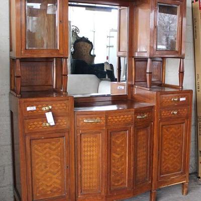  ANTIQUE 5 Part French Style Mahogany Inlaid and Banded Buffet with Mirrored Curio Top â€“ auction estimate $200-$400 