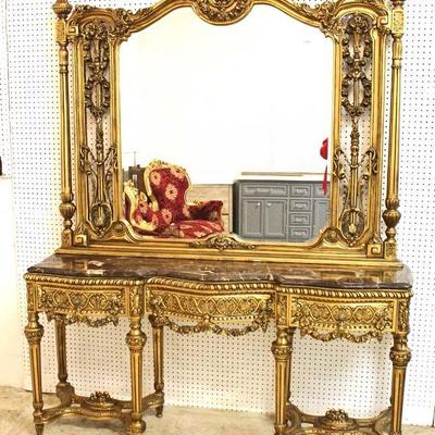 Highly Carved and Decorated Marble Top 3 Drawer Hall Console with Mirror 