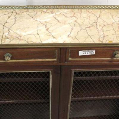  ANTIQUE Mahogany Inlaid French 2 Drawer 2 Door Marble Top Server â€“ auction estimate $200-$400 