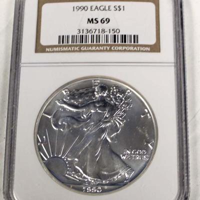  1990 U.S. Silver Eagle $1.00 MS69 â€“ auction estimate $30-$60 
