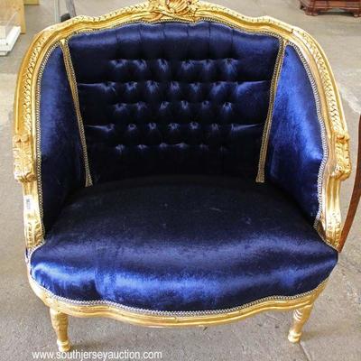  French Style Blue Upholstered Button Tufted Carved Oversized Chair â€“ auction estimate $200-$400 