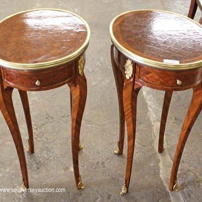  PAIR of French Style Mahogany Inlaid and Banded One Drawer Side Tables with Applied Bronze â€“ auction estimate $100-$300 