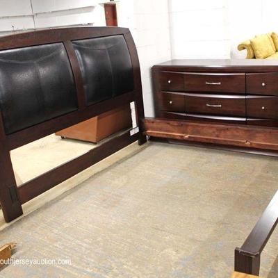  Contemporary 2 Piece Mahogany Finish Leather Upholstered King Size Bed and Dresser with Mirror â€“ auction estimate $300-$600 