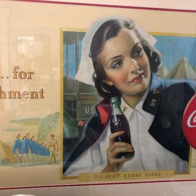 WW 11 Coke large cardboard sign framed circa 1942 RARE!