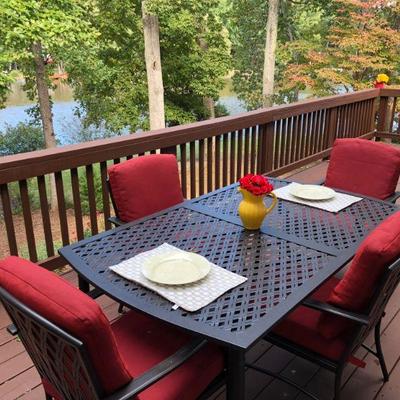 Patio table w/ 6 chairs (red umbrella available for sale).