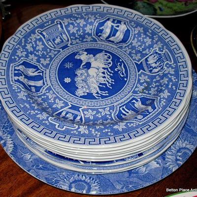 Many different English Blue and white plates including Spode