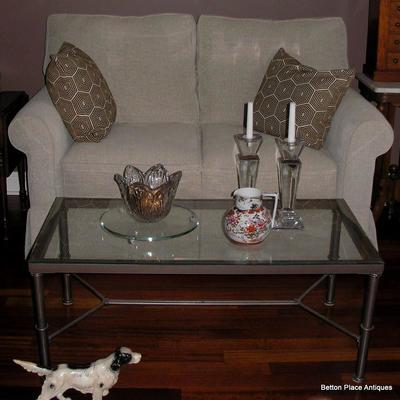 AS new Loveseat, Bevelled Glass top Metal Base Coffee table