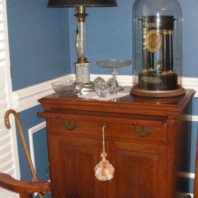 Mahogany Server with pullout Tray, French Clock and Lamp