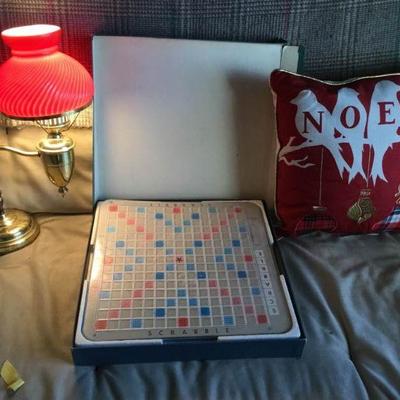 Scrabble game, Lamp and Pillow