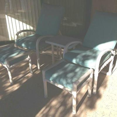 Set of Two Deck Chairs, Stools, and a Table