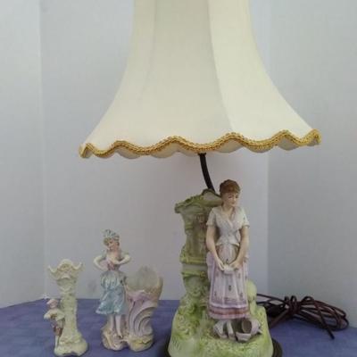 Vintage Edwarian Themed Figurine Vases and Lamp
