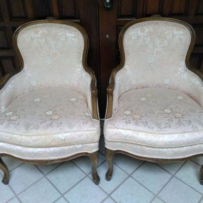 Matching Pair of Vintage Upholstered Armchairs with Wood Frames