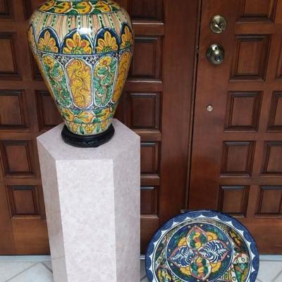 Decorative Hand-Painted Vase and Bowl with Stands