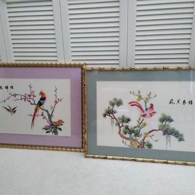 Pair of Framed Asian Bird Thread Art