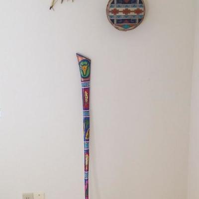 Native American Decorative Drum, Bow and Arrow, and Hand-Painted Walking Stick