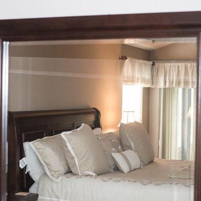 King four piece bedroom set by Bassett Vaughn in dark cherry: headboard, nightstands, and dresser with mirror.