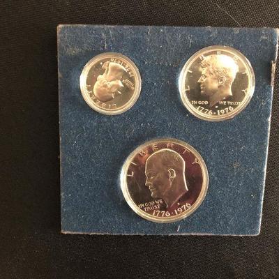 1976 Bicentennial Silver coins:  Washington Quarter Dollar @ $4. Kennedy  Half Dollar @ $1.  Eisenhower  Silver Dollar @ $10. 
