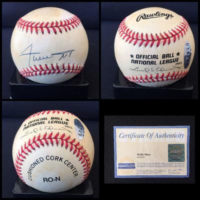Signed and certified baseball by WILLIE MAYS (HOF). It also comes with an acrylic case. Estate sale price: $650