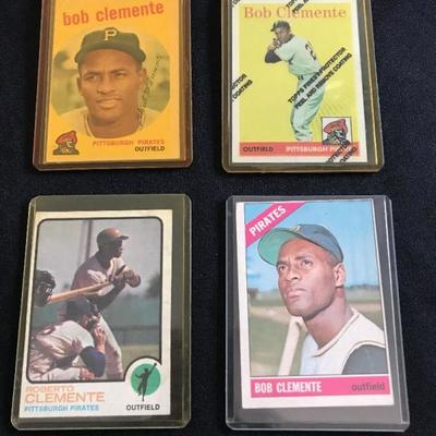 [Top left] 1959 Topps Clemente @ $59. 
[Top right]  1958 Topps (1997 reprint) Clemente $18 
[Bottom left] 1973 Topps Clemente @ $22...