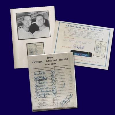 Framed 1960 Casey Stengel's Signed NY Yankees Line-Up Card With Mickey Mantel and Roger Maris Photo.
Includes Certificate of Authenticity...