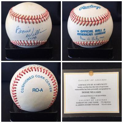Signed and certified baseball by BERNIE WILLIAMS. It also comes with an acrylic case. Estate sale price: $195