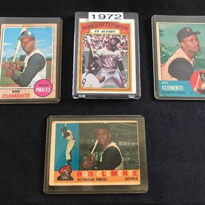 [From left to right] 1968 Topps Clemente @ $29. 
1972  Topps Clemente $48 
1963 Topps Clemente $49. 
1960  Topps Clemente $59.