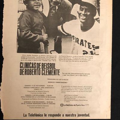 Advertisement promoting Baseball Clinics with Roberto Clemente, just 4 months before his tragic death. Estate sale price: $75