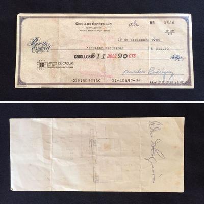 Rare and authentic Criollos Sports check, signed by baseball player Eduardo Figueroa in December 1985. Estate sale price: $49
