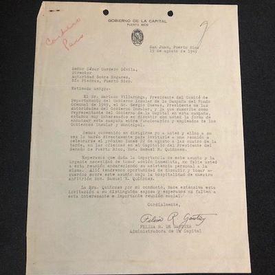 1949 letter from then San Juan Mayor Felisa Rincon de Gautier to Cesar Cordero Davila, Housing Authority Director. $200