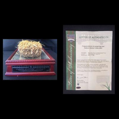 Steiner authentic Yankee Stadium freeze dried grass sod w/ glass display case. Estate sale price: $85