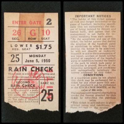 1950 Yankees Home Schedule Lower Level Ticket. Estate sale price: $75
Ticket No. 25. Game played June 05, 1950 in which Joe DiMaggio hit...