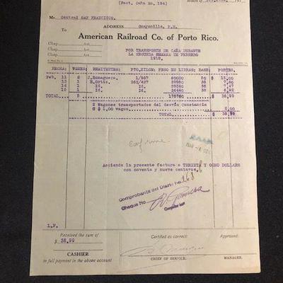 1918 Invoice to Central San Francisco Sugar Mill from American Railroad Co. of Porto Rico. $200