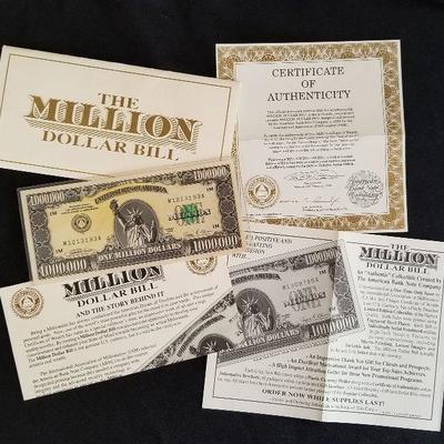 Authentic 1988 I.A.M. One 1 Million Dollar bill with Authenticity Certificate and all original documents. $80