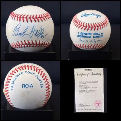 Signed and certified baseball by BOB FELLER (HOF). It also comes with an acrylic case. Estate sale price: $125