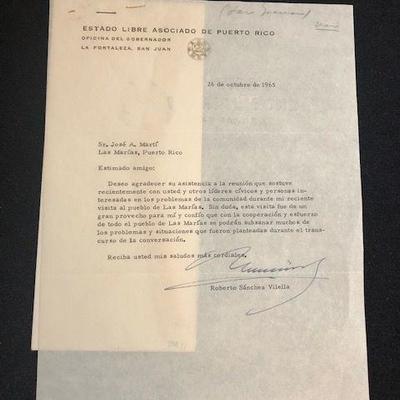 1965 letter from Governor Roberto Sanchez Vilella. $200