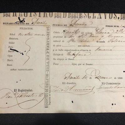 Puerto Rico Slave Registry document. 4-month old baby, dated 1869. Estate sale price: $150