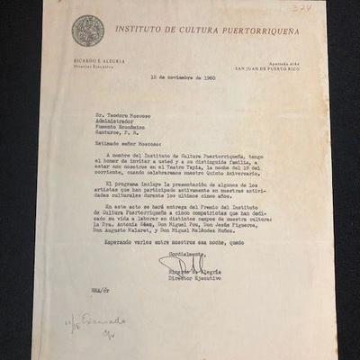 1960 letter from the Instituto de Cultura Director, Ricardo Alegria to Teodoro Moscoso, Fomento Economico Administrator. $200