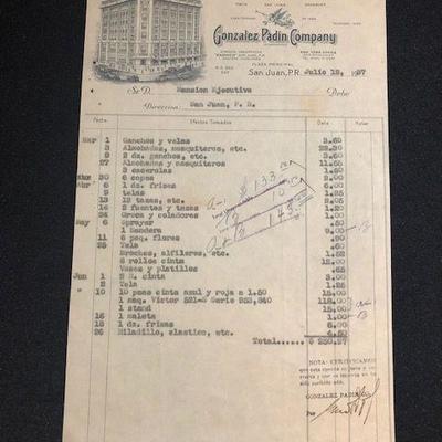 1937 invoice from Iconic Puerto Rican department store Gonzalez Padin, The invoice was directed to 
