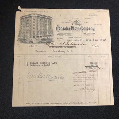 1937 invoice from Iconic Puerto Rican department store Gonzalez Padin, The invoice was directed to the Governor Mansion (La Fortaleza)...