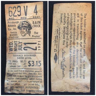 July 21, 1971.  San Francisco Giants @ Pittsburgh Pirates. Roberto Clemente. $10