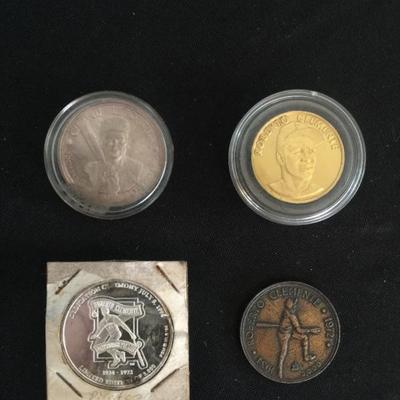 [upper left] 1973 Roberto Clemente Rare fine silver coin commemorating his death (Puerto Rico) @ $25 [bottom left]  Rare 1994 Roberto...