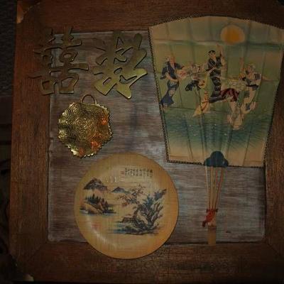 Hand Painted Japanese Fan and Plate. with Pieces o ...