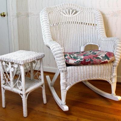 vintage wicker rocking chair, side table