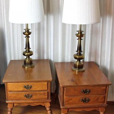 pair of end tables with drawers, pair of brass lamps