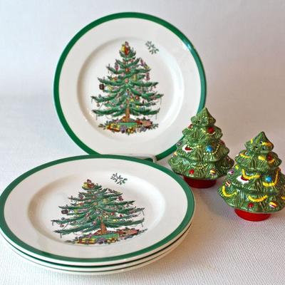 Spode Christmas dessert plates (4) and Pfaltzgraff Christmas tree salt & pepper shakers