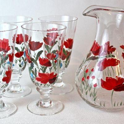 hand-painted glasses and pitcher